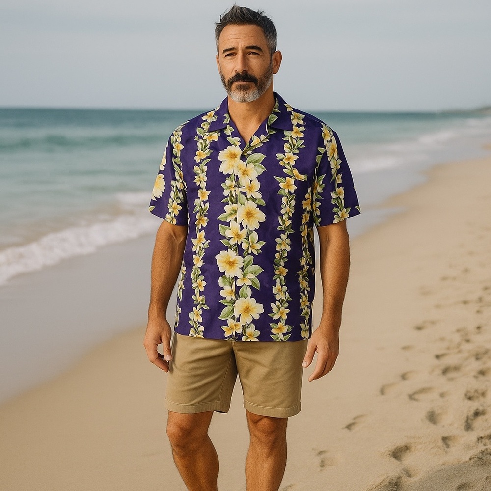 4/$40 Royal Creations Hawaiian Tropical Print Short Sleeve Button Down Shirt